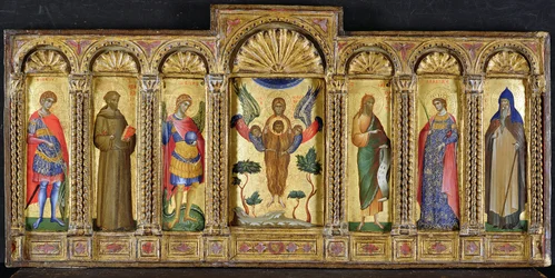 Triptykon med Maria Magdalena, der holder Kristi hoved, flankeret af helgener, (tempera på panel)
